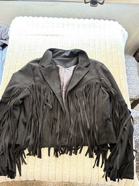 Western Style Fringe Suede-Look Women's Jacket - Black